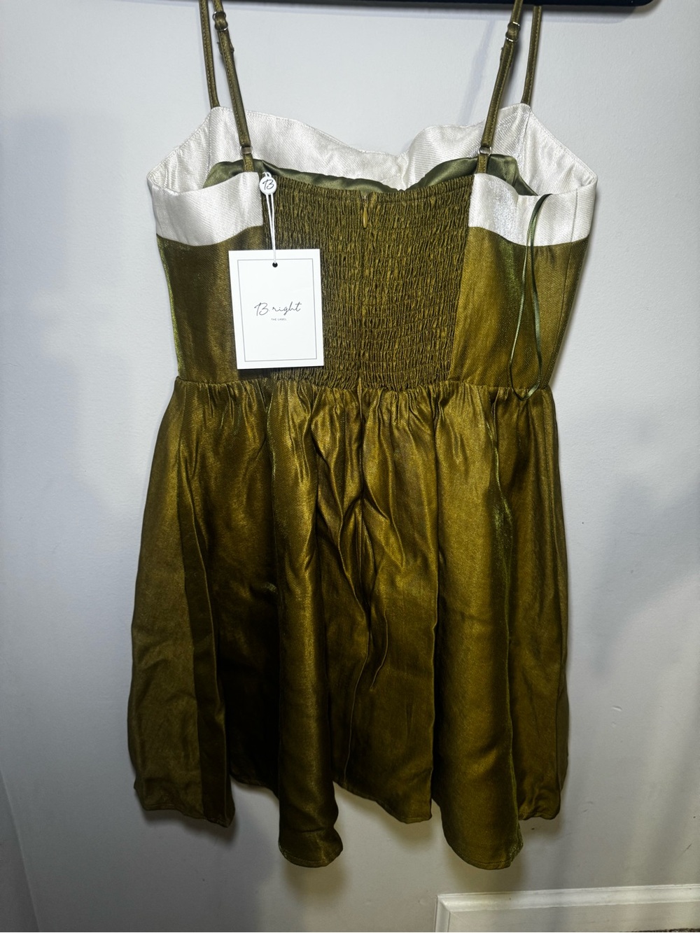 Olive Green Satin Dress with White Bow NWT - Picture 3 of 9